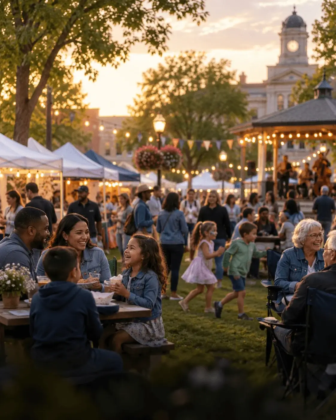 Famiglie e vicini a una festa di comunità serale nella piazza cittadina, con musica dal vivo, gazebo e luci appese