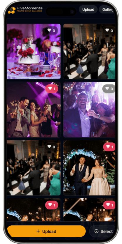 HiveMoments guest gallery — guests upload event photos from their phones without an app