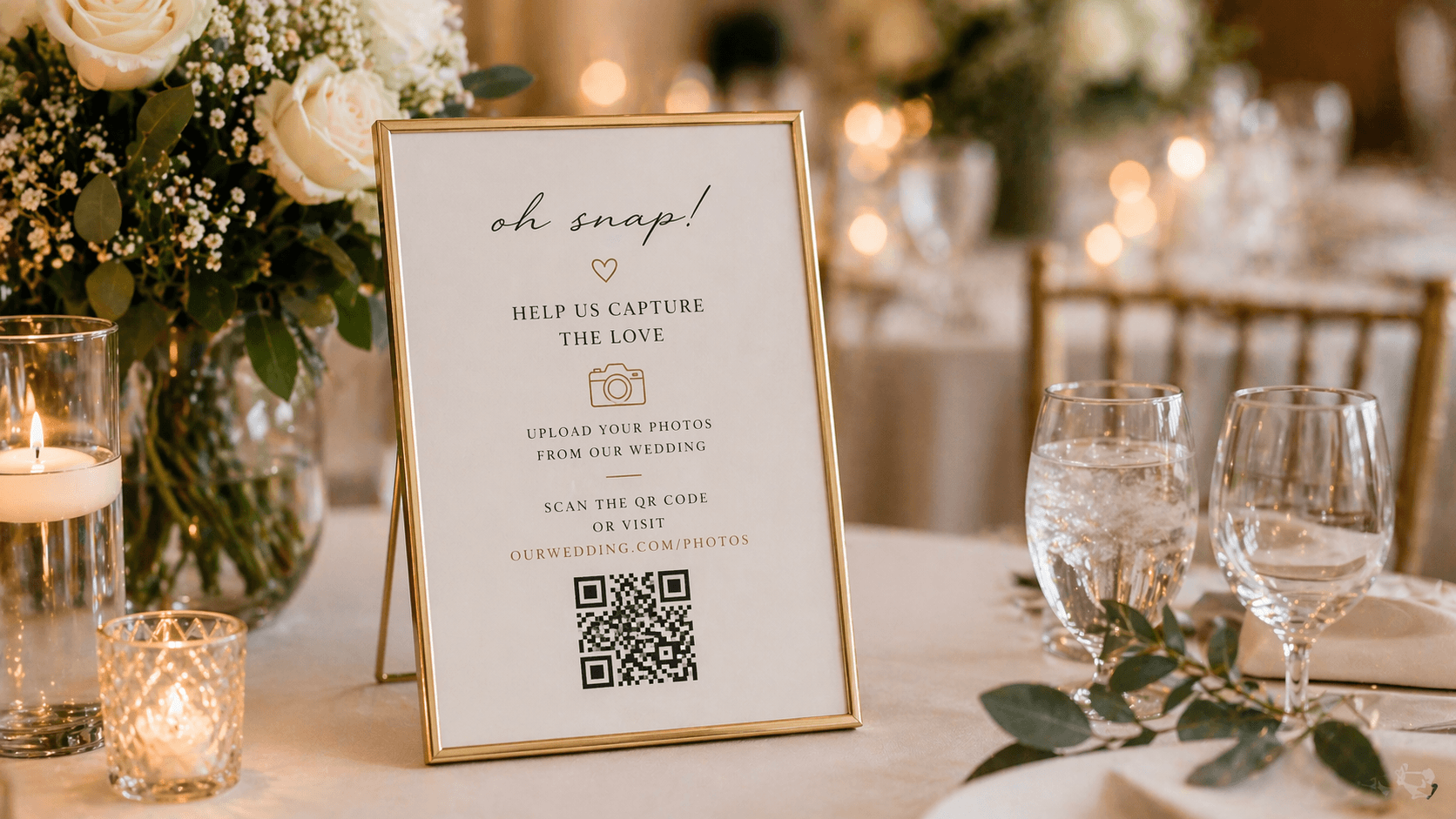 QR code on wedding table — guests scan to upload photos without downloading an app