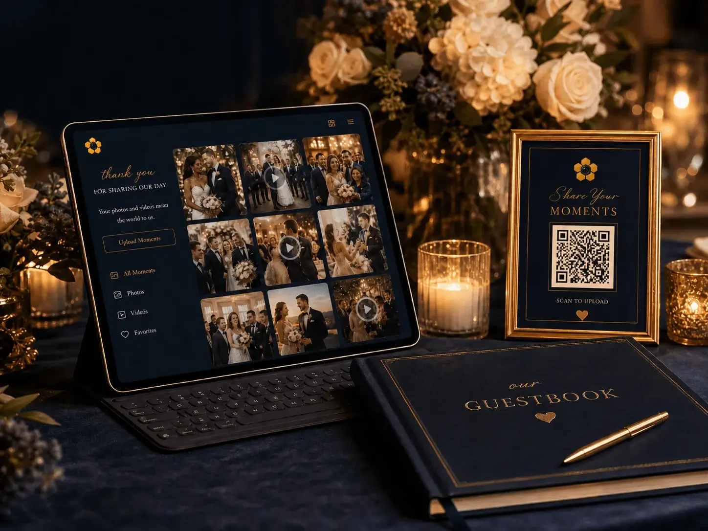 HiveMoments digital wedding guestbook displayed on a tablet at a wedding reception