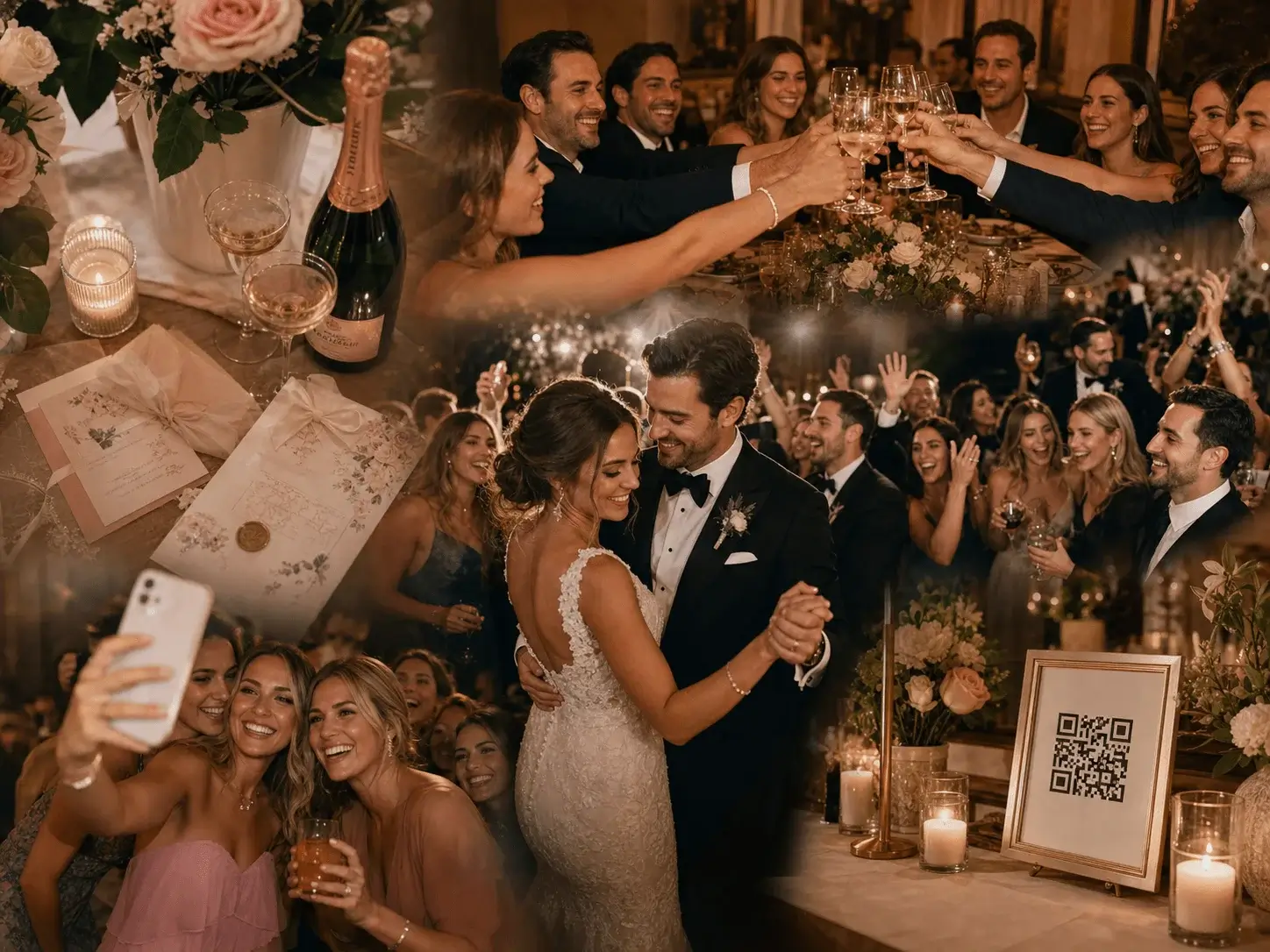 Couple and wedding guests uploading photos from their phones at a wedding reception