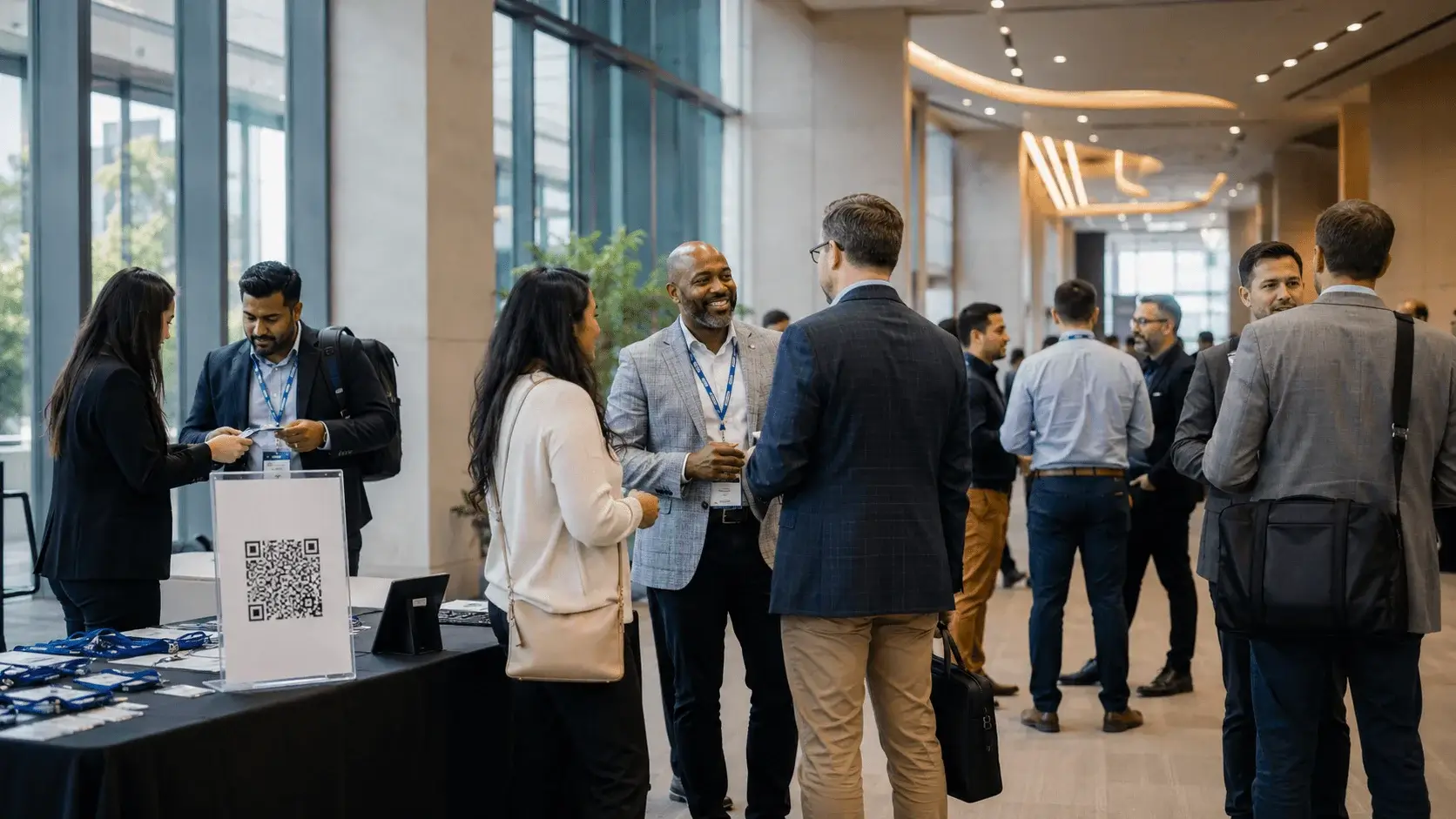 Corporate event attendees networking and sharing photos