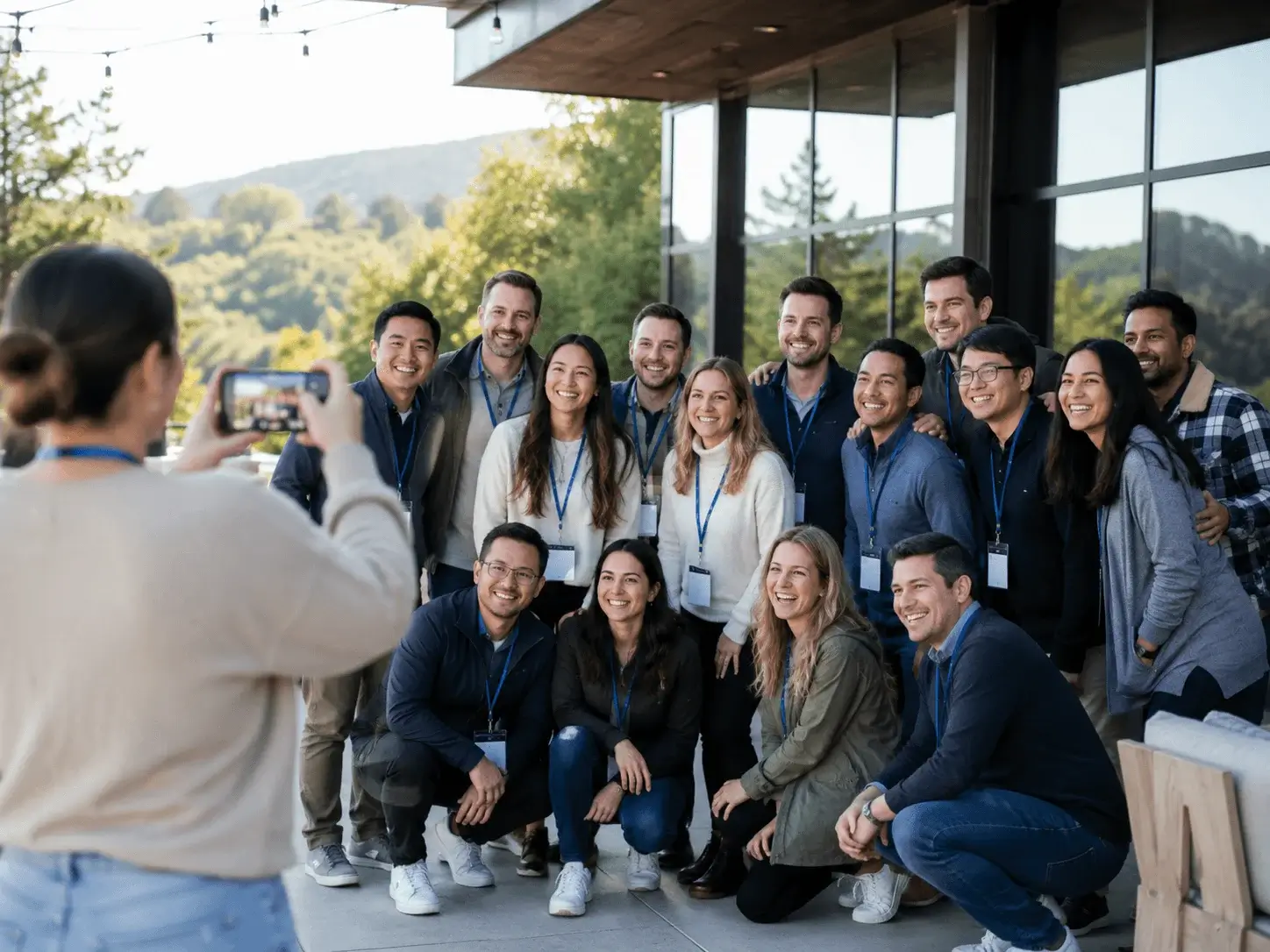 Corporate team gathered together at a company event